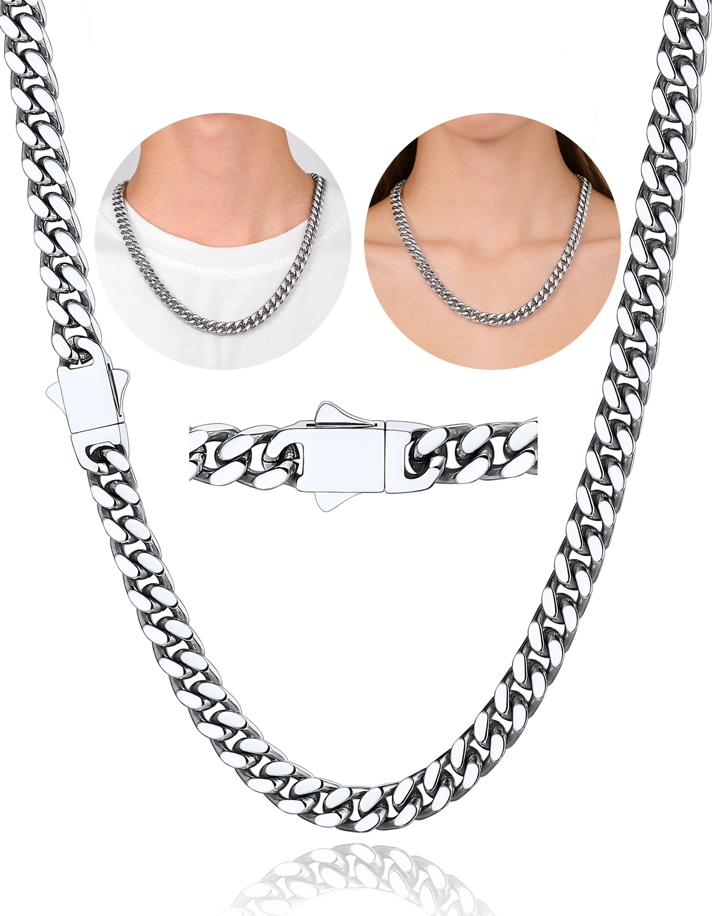 ChainsHouse Mens Stainless Steel Necklaces Chain Necklace for Men Women 7mm Width Silver Cuban Link Chains Jewelry Gifts, 18/20/22/24/26/28/30 inch