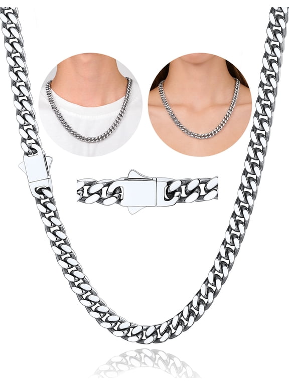 Mens Stainless Steel Necklaces Chain Necklace for Men Women 7mm Width Silver Cuban Link Chains Jewelry Gifts, 18/20/22/24/26/28/30 inch