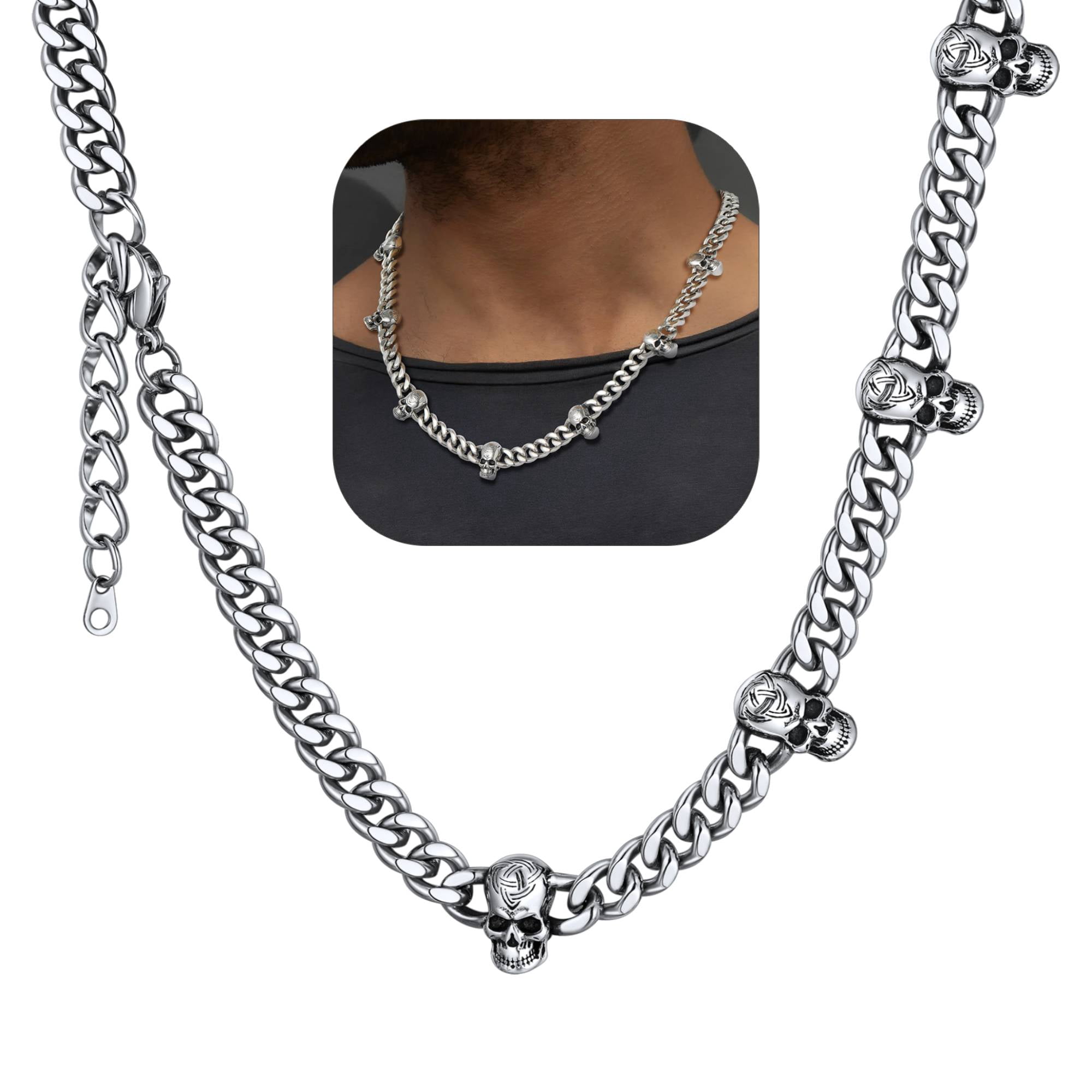 ChainsHouse Men's Gothic Punk Necklace Stainless Steel 9mm Thick Skull Link Chain Necklaces Jewelry Gift, 20"