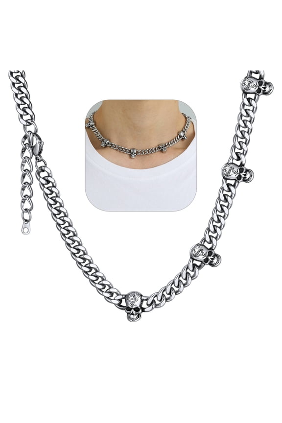 Men's Gothic Punk Necklace Stainless Steel 9mm Thick Skull Link Chain Necklaces Jewelry Gift, 16"