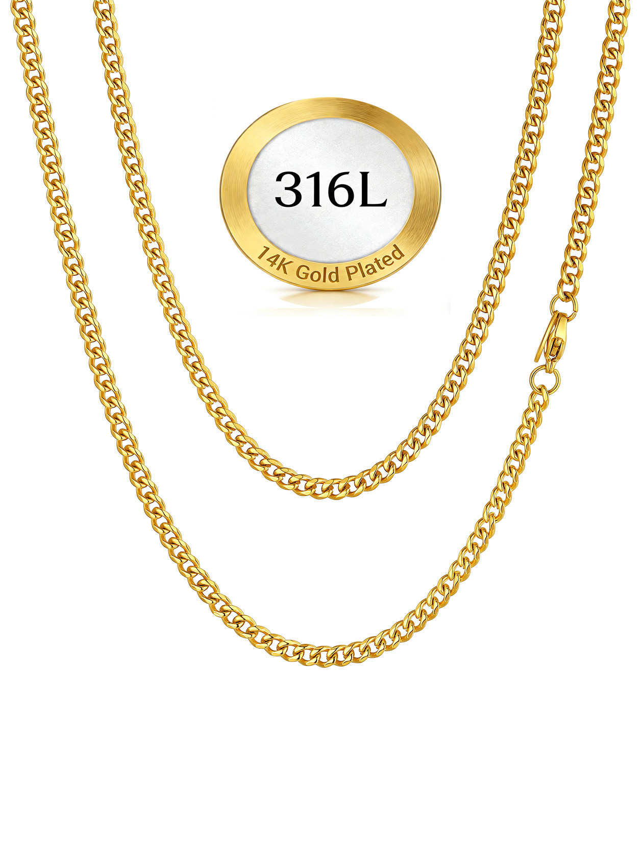 ChainsHouse 14k Gold Plated Cuban Link Chain Necklace for Men Women Stainless Steel 3mm Chains Choker Necklaces Mens Jewelry Gift, 22 Inches