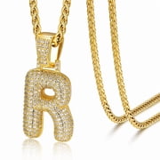 ChainsHouse 14K Gold Plated Initial Necklaces for Women Men Alphabet Bubble Pendant Necklace White Cubic Zirconia Birthday Christmas Anniversary Jewelry Gift, R