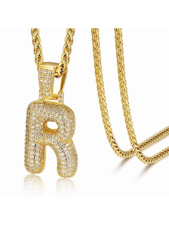 14K Gold Plated Initial Necklaces for Women Men Alphabet Bubble Pendant Necklace White Cubic Zirconia Birthday Christmas Anniversary Jewelry Gift, R
