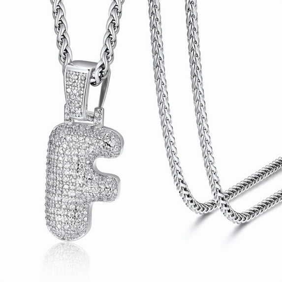 ChainsHouse Silver Initial Necklaces for Women Men Alphabet Bubble Pendant Necklace White Cubic Zirconia Birthday Christmas Anniversary Jewelry Gift, F