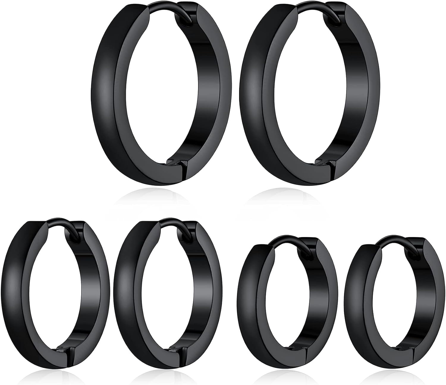 ChainsHouse 3PCS Hoop Earrings Sets for Women Men Hypoallergenic Stainless Steel Nickel Free Huggie Hoop Summer Trendy Earrings Gifts, Black 8/10/12mm