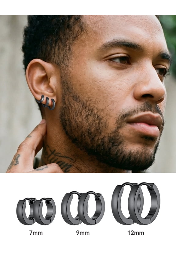 3 Pairs Black Hoop Earrings for Men Women Small Huggie Hoops Earring Set Cartilage Post Hypoallergenic Ear Piercing Jewelry Gift