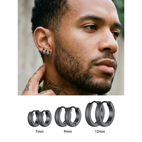 ChainsHouse 3 Pairs Black Hoop Earrings for Men Women Small Huggie Hoops Earring Set Cartilage Post Hypoallergenic Ear Piercing Jewelry Gift