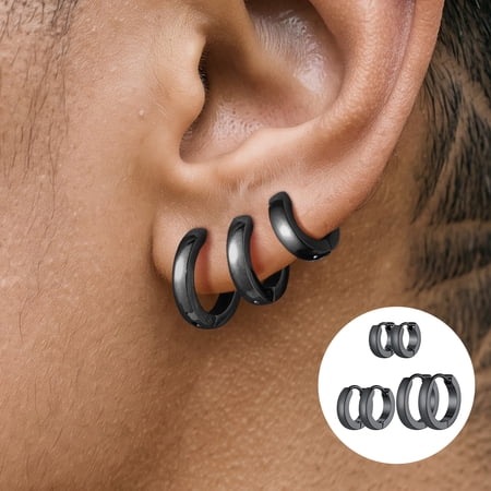 ChainsHouse 3 Pairs Black Hoop Earrings for Men Women Small Huggie Hoops Earring Set Cartilage Post Hypoallergenic Ear Piercing Jewelry Gift
