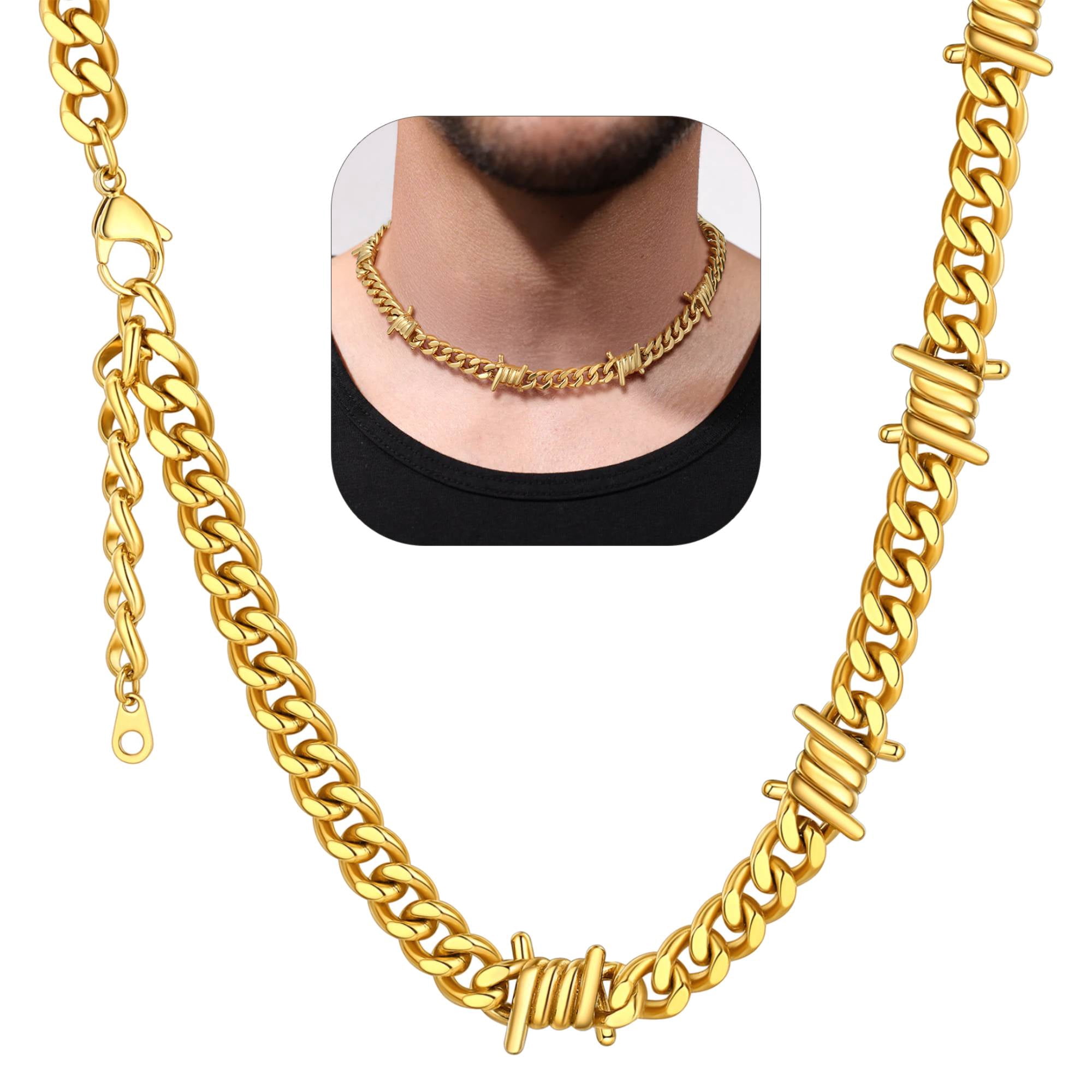 ChainsHouse Gold Plated Barbed Wire Necklaces for Men Women Punk Thorns Chain Necklace 9mm Width Chunky Chains Jewelry Gift, 16 inch