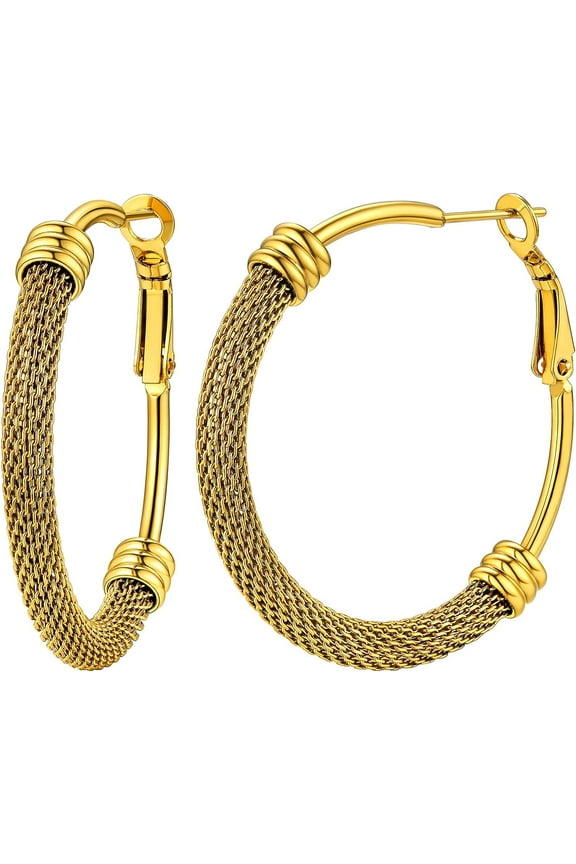 Gold Plated Hoop Earring for Women Half Mesh Link Hypoallergenic Trendy Hoops, 40mm