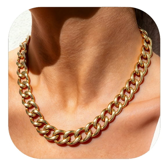 ChainsHouse 14K Gold Plated Choker Necklaces for Women Cuban Link Chain Necklace 16mm Width 18" Stainless Steel Chunky Chains Jewelry Birthday Christmas Valentine's Day Gift