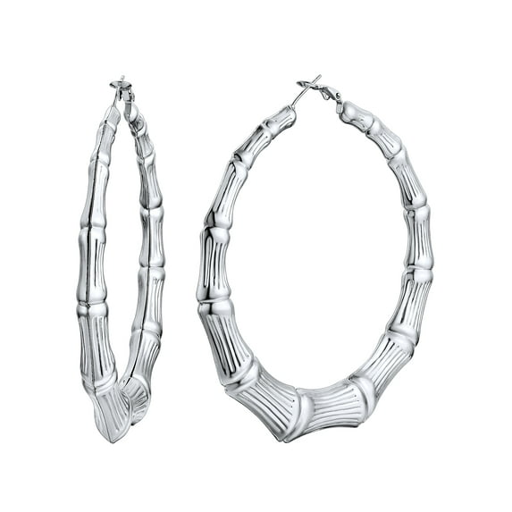 ChainsHouse Bamboo Hoop Earrings for Women Silver Hypoallergenic Chunky Earring Stainless Steel Birthday Christmas Anniversary Jewelry Gift