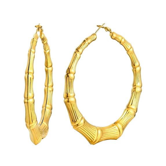 ChainsHouse Bamboo Hoop Earrings for Women 14K Gold Plated Hypoallergenic Chunky Earring Stainless Steel Birthday Christmas Anniversary Jewelry Gift