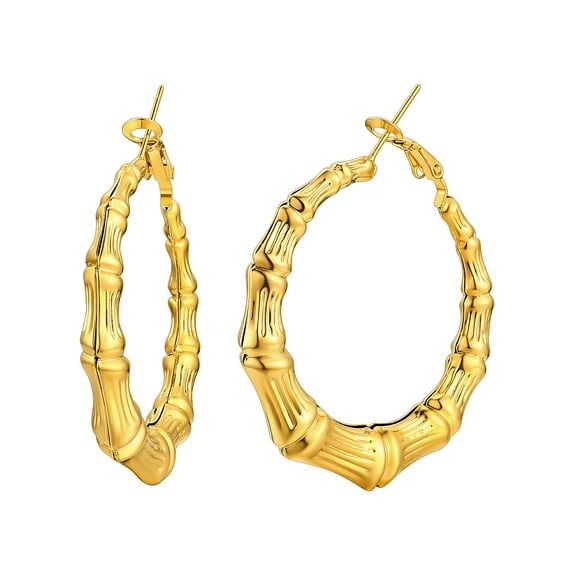 ChainsHouse Bamboo Hoop Earrings for Women 14K Gold Plated Hypoallergenic Chunky Earring Stainless Steel Birthday Christmas Anniversary Jewelry Gift
