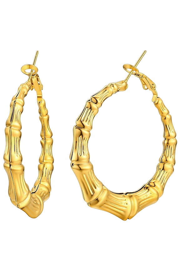 Bamboo Hoop Earrings for Women 14K Gold Plated Hypoallergenic Chunky Earring Stainless Steel Birthday Christmas Anniversary Jewelry Gift