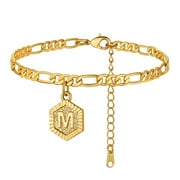 ChainsHouse Initial Ankle Bracelets for Women,Gold Figaro Cuban Link Anklets Bracelet,Custom Name A-Z Initial, 22-27CM Adjustable(4.5MM), Send Gift Box