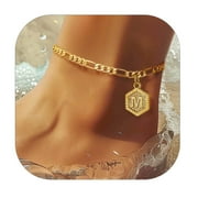 CHAINSHOUSE 14k Gold Plated Initial Ankle Bracelets for Women with Letter M Figaro Cuban Link Anklet Jewelry Gift