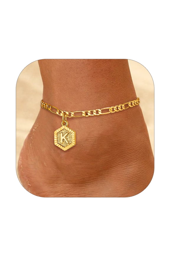 Gold Plated Figaro Cuban Link Anklet, Custom Name Initial, Adjustable 22-27CM, Nickel & Lead Free, Gift Box