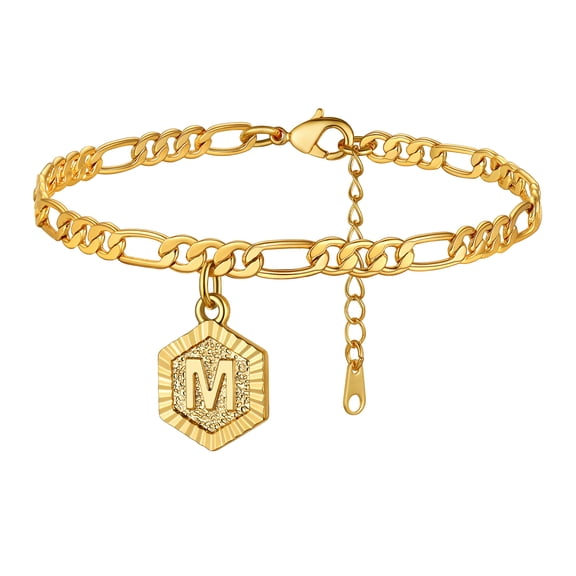 ChainsHouse 14K Gold Plated Initial Ankle Bracelets for Women with Letter M Figaro Cuban Link Anklet Birthday Valentines Jewelry Gift