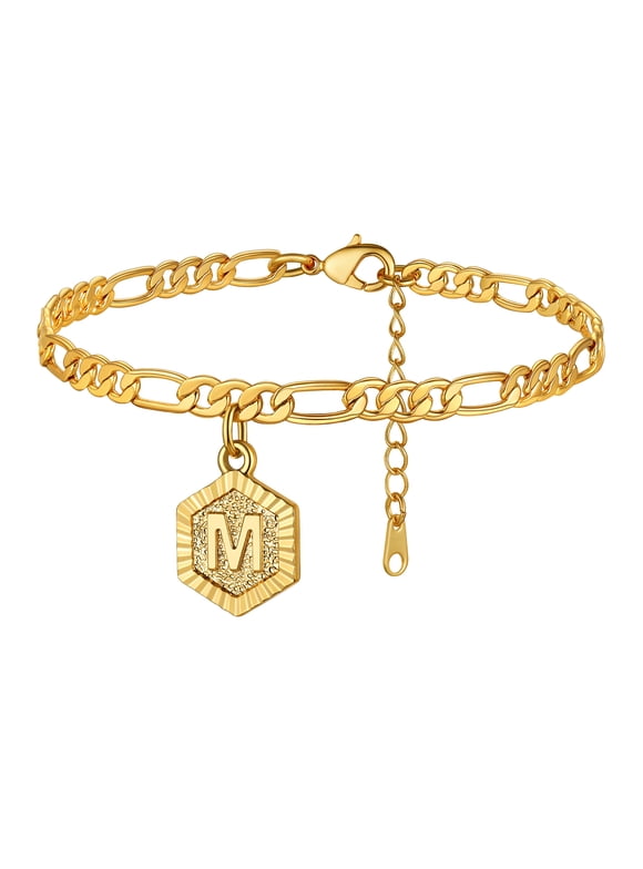 14K Gold Plated Initial Ankle Bracelets for Women with Letter M Figaro Cuban Link Anklet Birthday Valentines Jewelry Gift