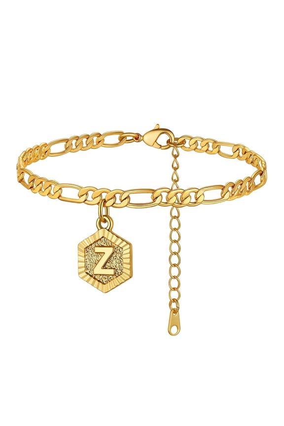 Initial Anklet for Women, Custom Letter Figaro Cuban Link Gold Plated Adjustable Anklet, Gift Box