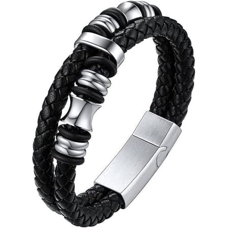 ChainsHouse Mens Leather Bracelet Double-Row with Stainless Steel Bead Bracelets for Men Waterproof Workout Bracelet for Men Jewelry Gift, 8.3inch