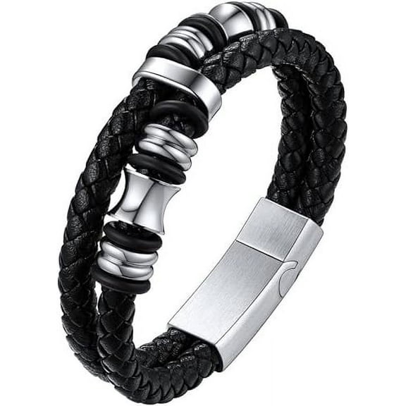 ChainsHouse Mens Leather Bracelet Double-Row with Stainless Steel Bead Bracelets for Men Waterproof Workout Bracelet for Men Jewelry Gift, 8.3inch