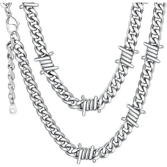 ChainsHouse Silver Barbed Wire Necklaces for Men Women Punk Thorns Chain Necklace 9mm Width Chunky Chains Jewelry Gift, 16 inch