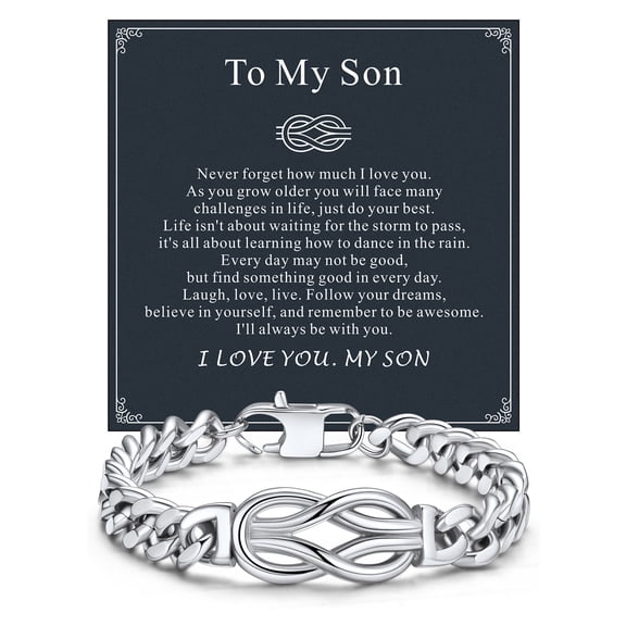 ChainsHouse Men's Bracelet Cuban Chain Stainless Steel Infinity Knot Bracelets with Message Card Love Chain Bracelet Jewelry Birthday Graduation Gift To My Son, 8.3 inch
