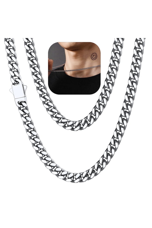 Mens Silver Necklaces Stainless Steel Miami Cuban Link Chain Necklace for Men 5mm Chains Jewelry Gift for Him Boyfriend Husband Father Son, 22"