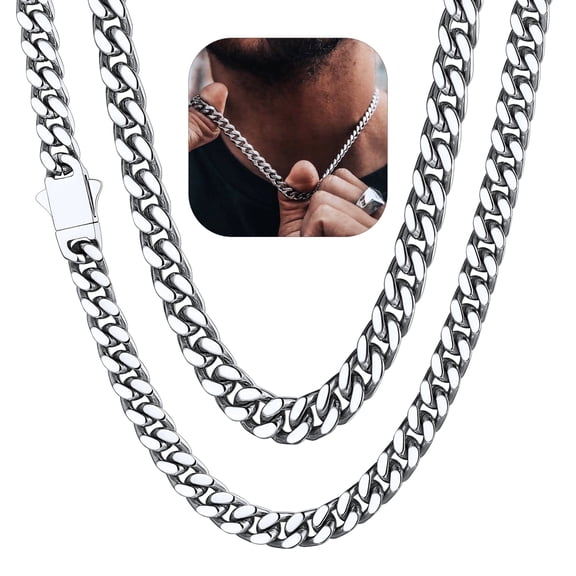 ChainsHouse Mens Silver Necklaces Stainless Steel Miami Cuban Link Chain Necklace for Men 7mm Chains Jewelry Gift for Him Boyfriend Husband Father Son, 18"