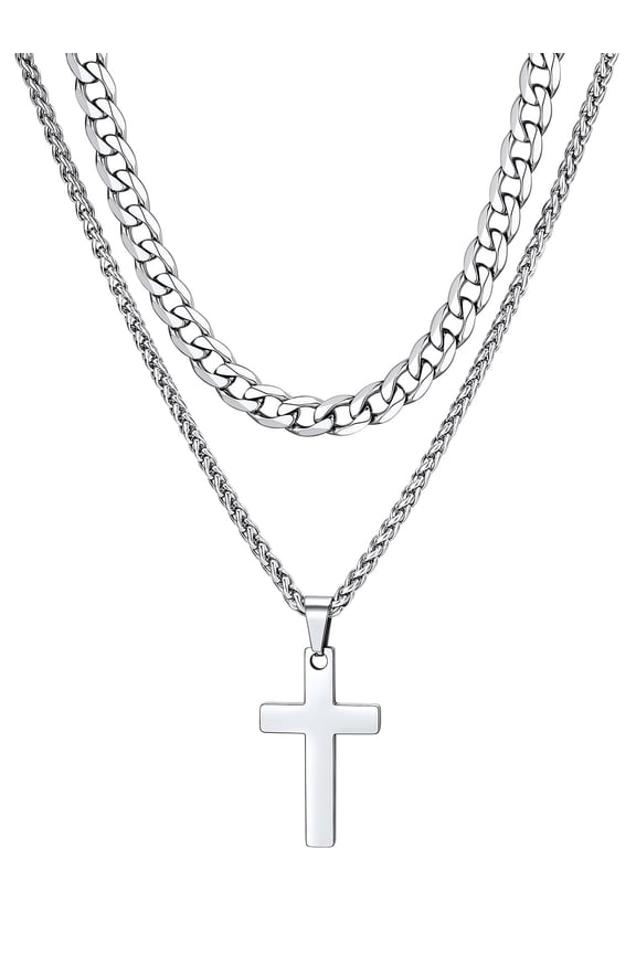 2pcs Layer Necklaces for Men Women Cross Pendant Cuban Link Chain Stainless Steel Jewelry Set Christmas Birthday Valentine's Day Gift, 18"