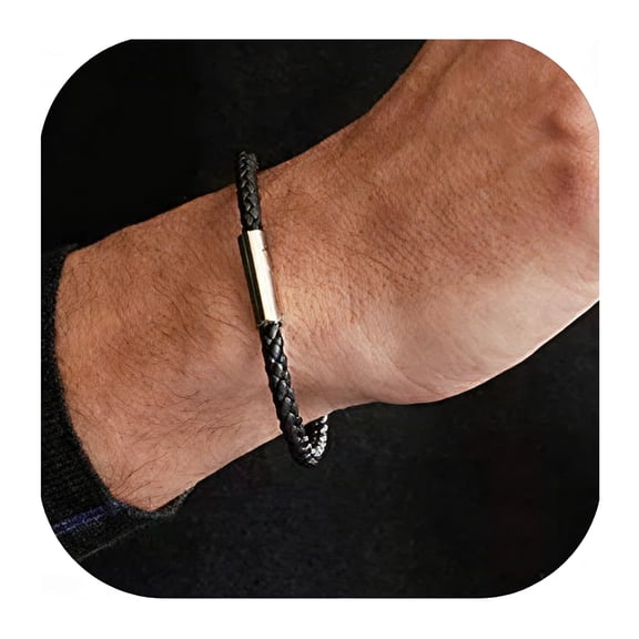 ChainsHouse Mens Bracelets Black Leather Waterproof Wax Rope Braided Cord Bracelet for Men Workout Swimming Athletic Bracelet Jewelry Gift, 7.9 inches