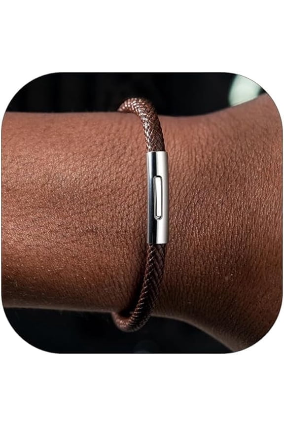 Mens Bracelets Brown Leather Waterproof Wax Rope Braided Cord Bracelet for Men Workout Swimming Athletic Bracelet Jewelry Gift, 7.9 inches