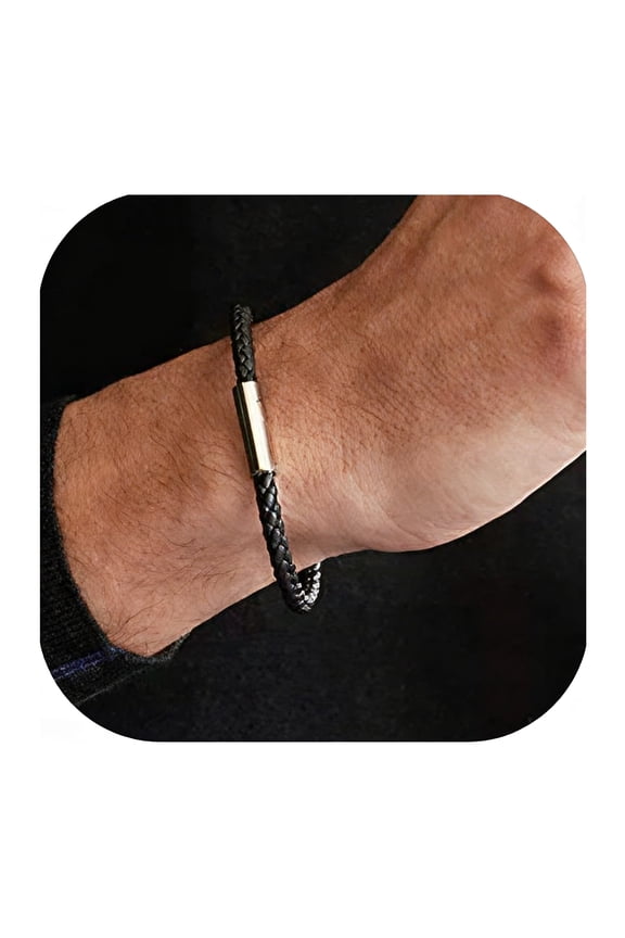 Mens Bracelets Black Leather Waterproof Wax Rope Braided Cord Bracelet for Men Workout Swimming Athletic Bracelet Jewelry Gift, 8.7inch