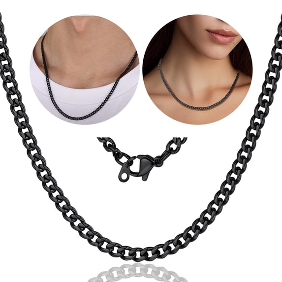 ChainsHouse 3mm Black Cuban Link Chain Necklace for Men Stainless Steel Chunky Chains Hiphop Choker Necklaces Mens Jewelry Gift, 28 Inches