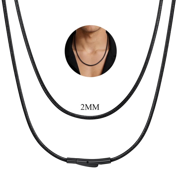 ChainsHouse Mens Women Thin Necklace Waterproof Braided Leather Cord Black Trendy Woven Wax Rope Basic Necklaces Jewelry Gift 2mm Width, 20"