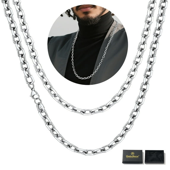 ChainHouse Stainless Steel Cable Link Chain Necklace for Men Women 9mm Width Rolo Necklaces Jewelry Gift, 30 inch