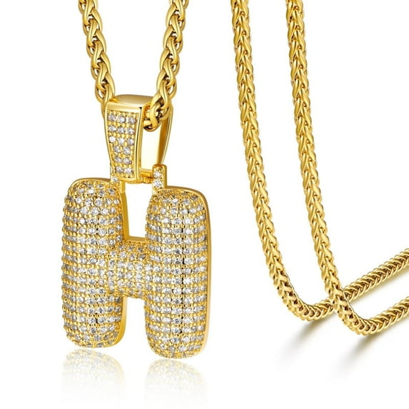 ChainsHouse 14K Gold Plated Initial Necklaces for Women Men Alphabet Bubble Pendant Necklace White Cubic Zirconia Birthday Christmas Anniversary Jewelry Gift, H
