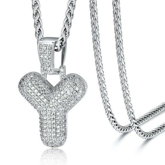 ChainsHouse Silver Initial Necklaces for Women Men Alphabet Bubble Pendant Necklace White Cubic Zirconia Birthday Christmas Anniversary Jewelry Gift, Y