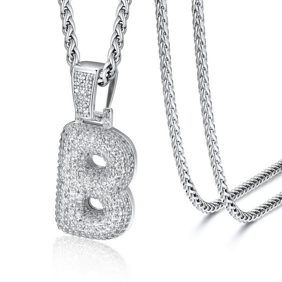 ChainsHouse Silver Initial Necklaces for Women Men Alphabet Bubble Pendant Necklace White Cubic Zirconia Birthday Christmas Anniversary Jewelry Gift, B