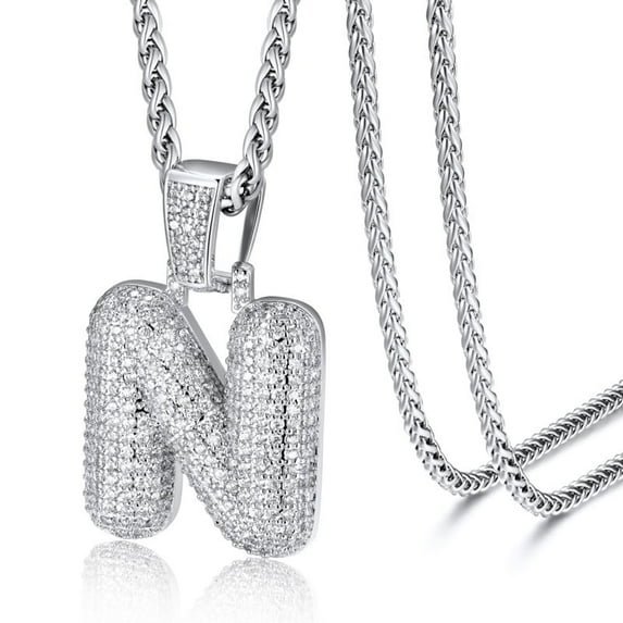 ChainsHouse Silver Initial Necklaces for Women Men Alphabet Bubble Pendant Necklace White Cubic Zirconia Birthday Christmas Anniversary Jewelry Gift, N