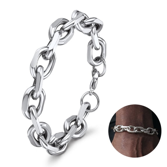 ChainsHouse Chunky Stainless Steel Chain Bracelets for Men 9mm Silver Tone Rolo Hand Link Bracelet Jewelry Gift for Him Birthday Christmas Stuffers,7.5 Inch