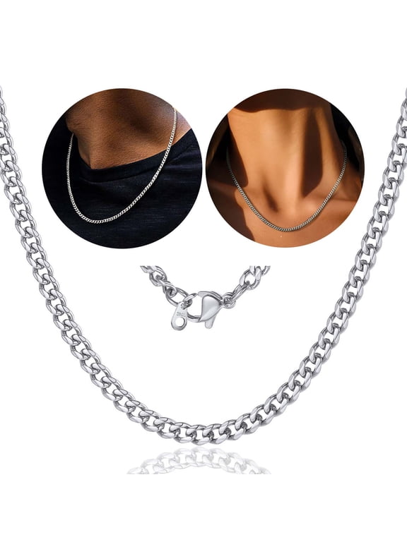 Silver Cuban Link Chain Necklace for Men Women Stainless Steel 3mm Chunky Chains Choker Necklaces Mens Jewelry Gift, 28 Inches