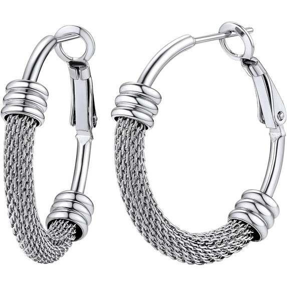 ChainsHouse Stainless Steel Hoop Earring for Women Half Mesh Link Hypoallergenic Trendy Hoops, 30mm