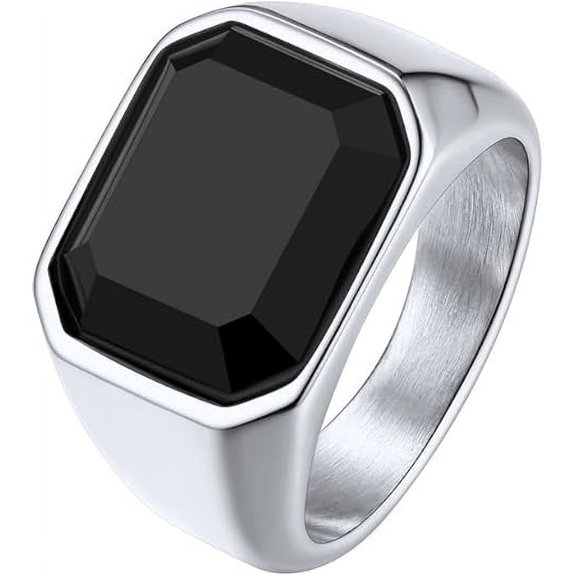 ChainsHouse Silver Rings for Men Black Onyx Stone Stainless Steel Band Ring Birthday Christmas Valentines Jewelry Gift, Size 07-14
