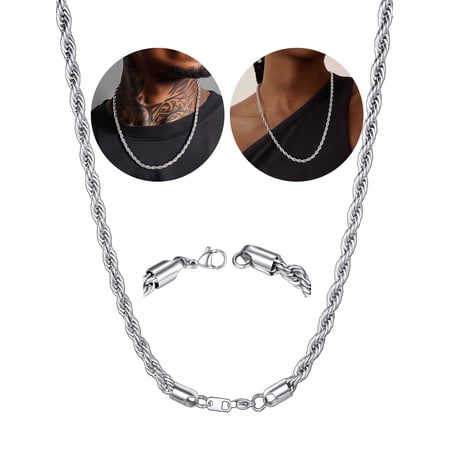 ChainsHouse Silver Rope Chain Necklace for Men Women 6mm Stainless Steel Twisted Mens Chain Jewelry Gift for Son,Father,Husband,Boyfriend, 22 inch