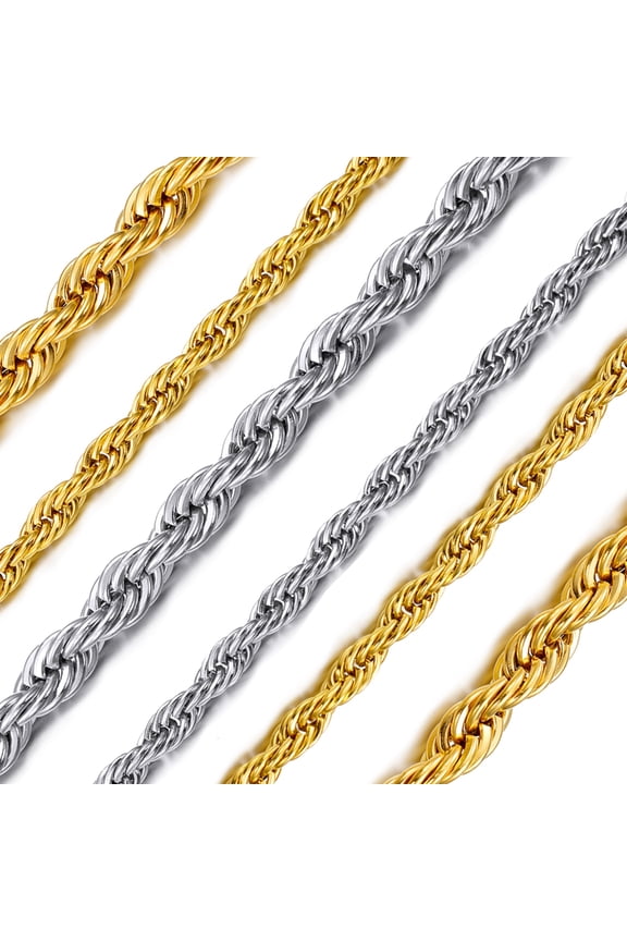 Silver Rope Chain Necklace for Men Women Stainless Steel Twisted Mens Chains 6mm Width Birthday Holiday Jewelry Gift, 18/20/22/24 inch