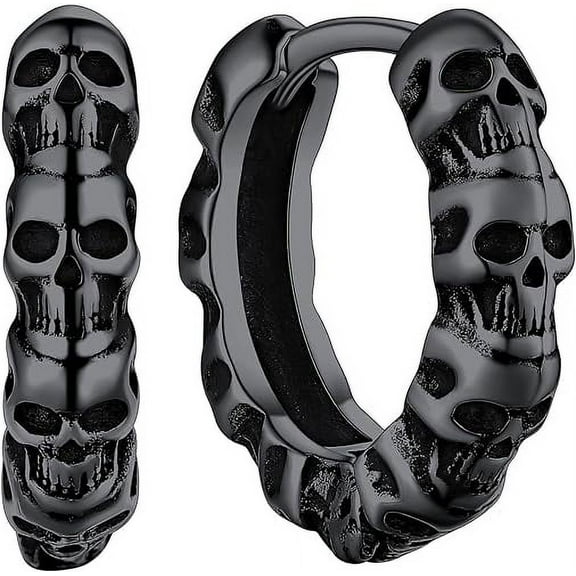 ChainsHouse 925 Sterling Silver Hoop Earrings for Men Women Black Skull Link Hypoallergenic Gothic Punk Earring Birthday Christmas Jewelry Gift with Box