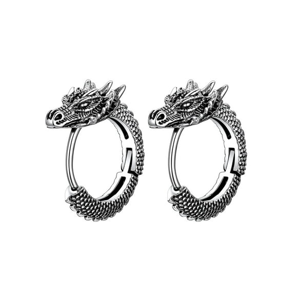 ChainsHouse Men's Earring Dragon Shaped Silver Huggie Stud Hoop Earrings for Men Stainless Steel Punk Christmas Birthday Valentines Jewelry Gift